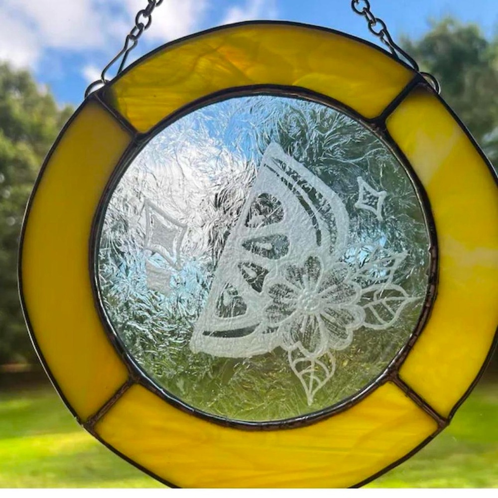 Handmade Yellow Stained Glass Suncatcher with Hand Engraved Lemon